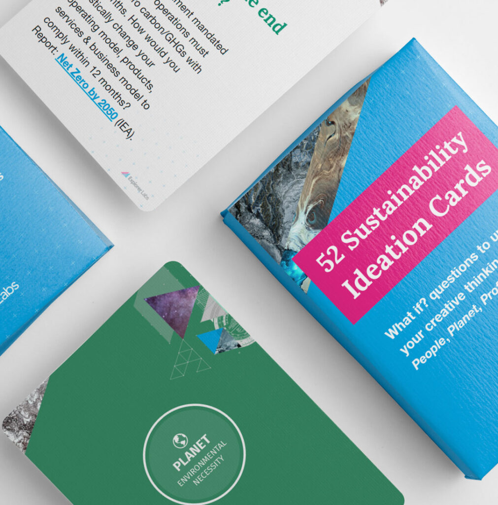 52 sustainability ideation cards in a box with two example what if trigger questions shown