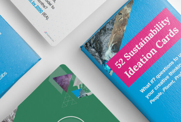 52 sustainability ideation cards in a box with two example what if trigger questions shown