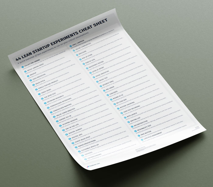 List of 44 Lean Startup Experiments to run in two columns with titles and subtitle descriptions for each