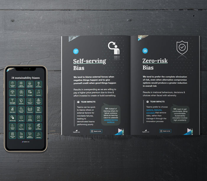 Inside view of black hardback book mockup and iphone pdf app showing two pages titled self-serving bias on the left and zero-risk bias on the right hand page