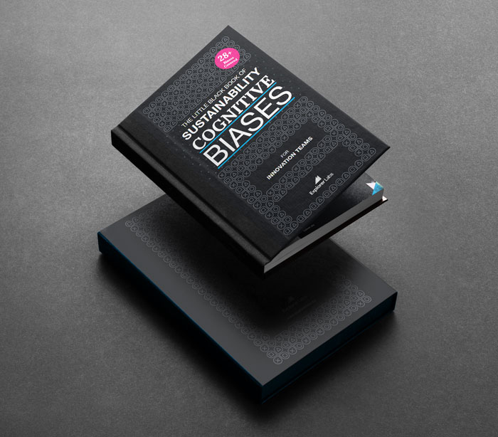 Black hardback book mockup with box entitled The Little Black Book of Sustainability Cognitive Biases on a dark grey background