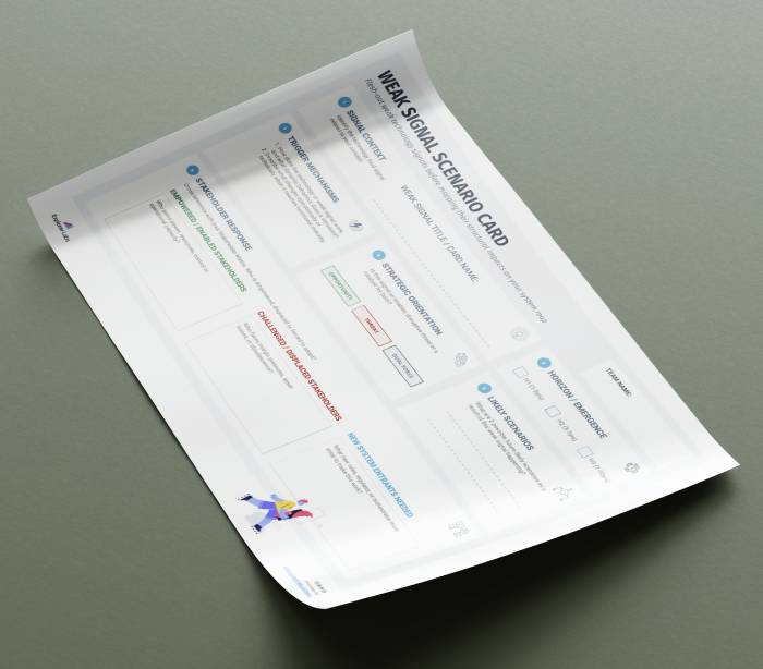 Weak Signal Scenario Card is a strategic foresight tool designed to flesh out weak technology signals by defining their horizon, trigger mechanisms, and potential future scenarios before mapping their structural impacts on a system map